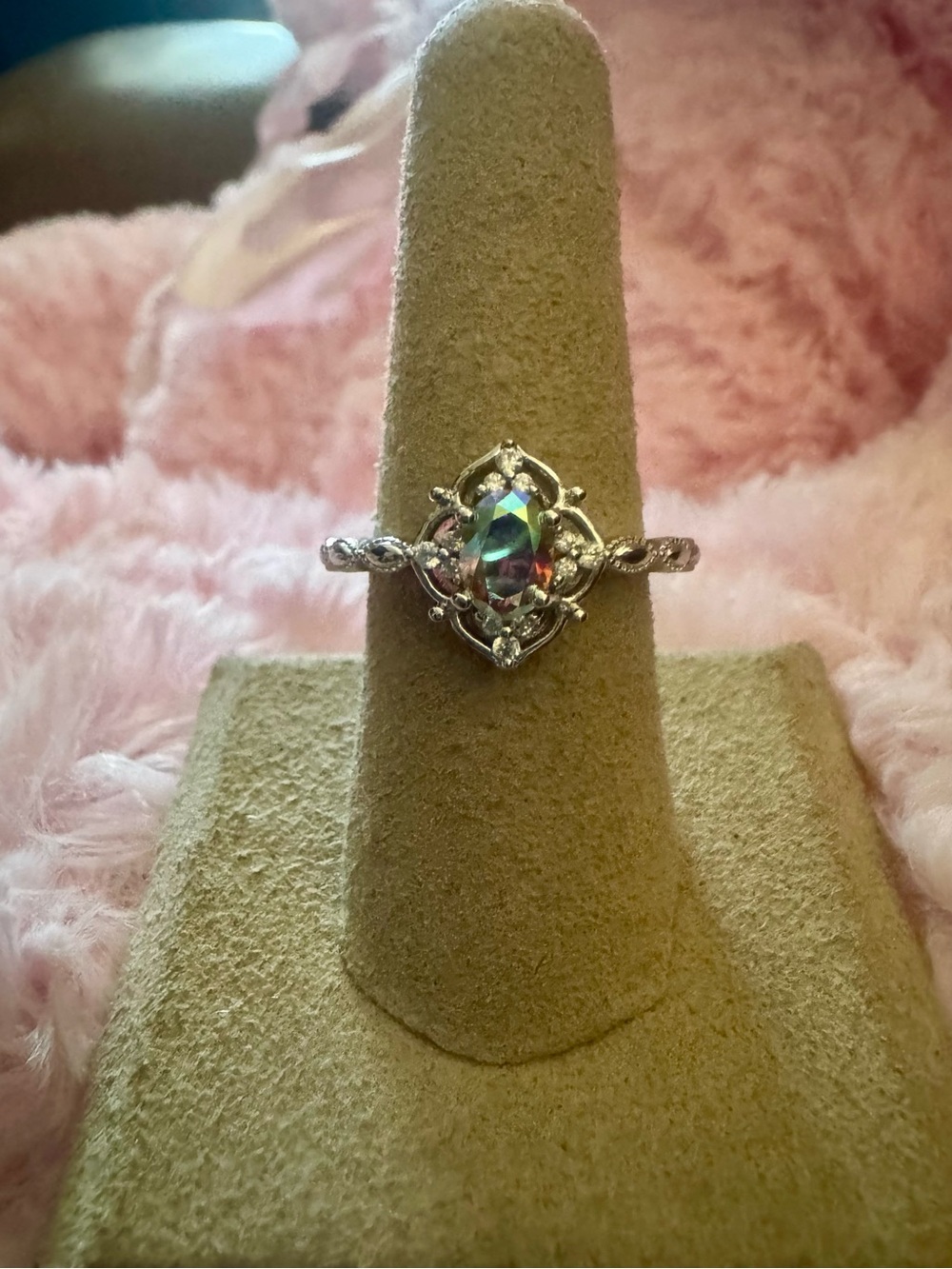 Moissanite Silver Ring with Mystic Oval Stone and Clear Accents - Women Jewelry